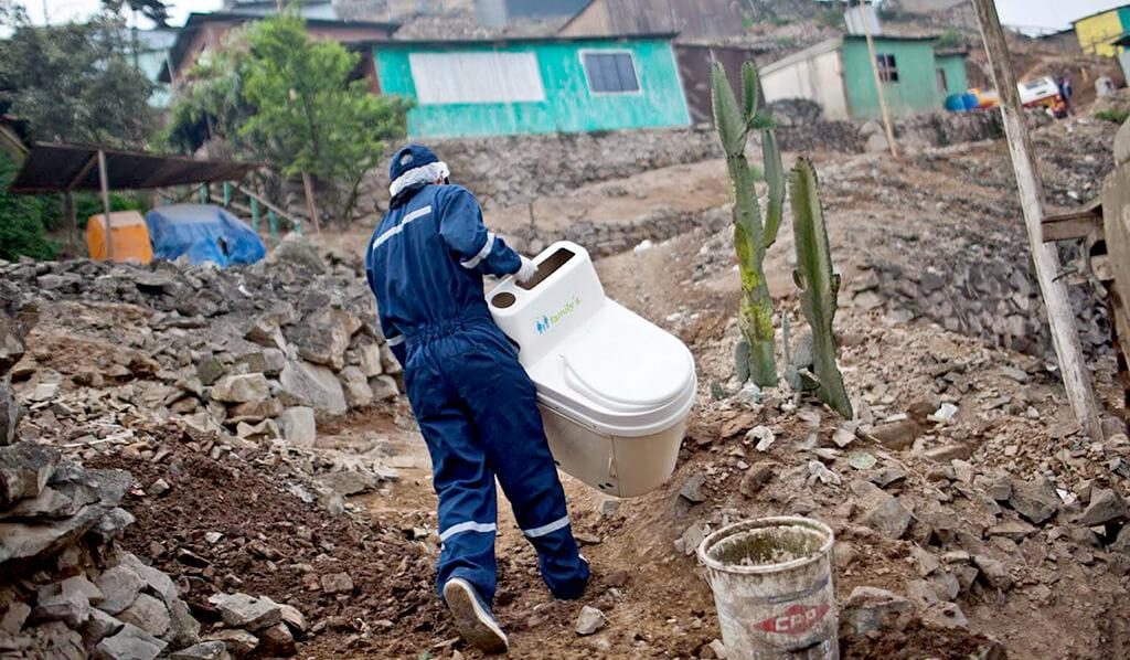 Technician with toilet